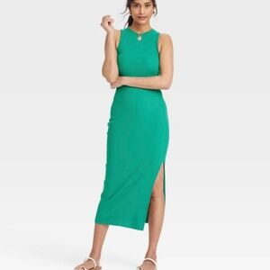 New Women's Maxi Bodycon Dress Stretch Rib Knit Universal Thread Emerald Green L